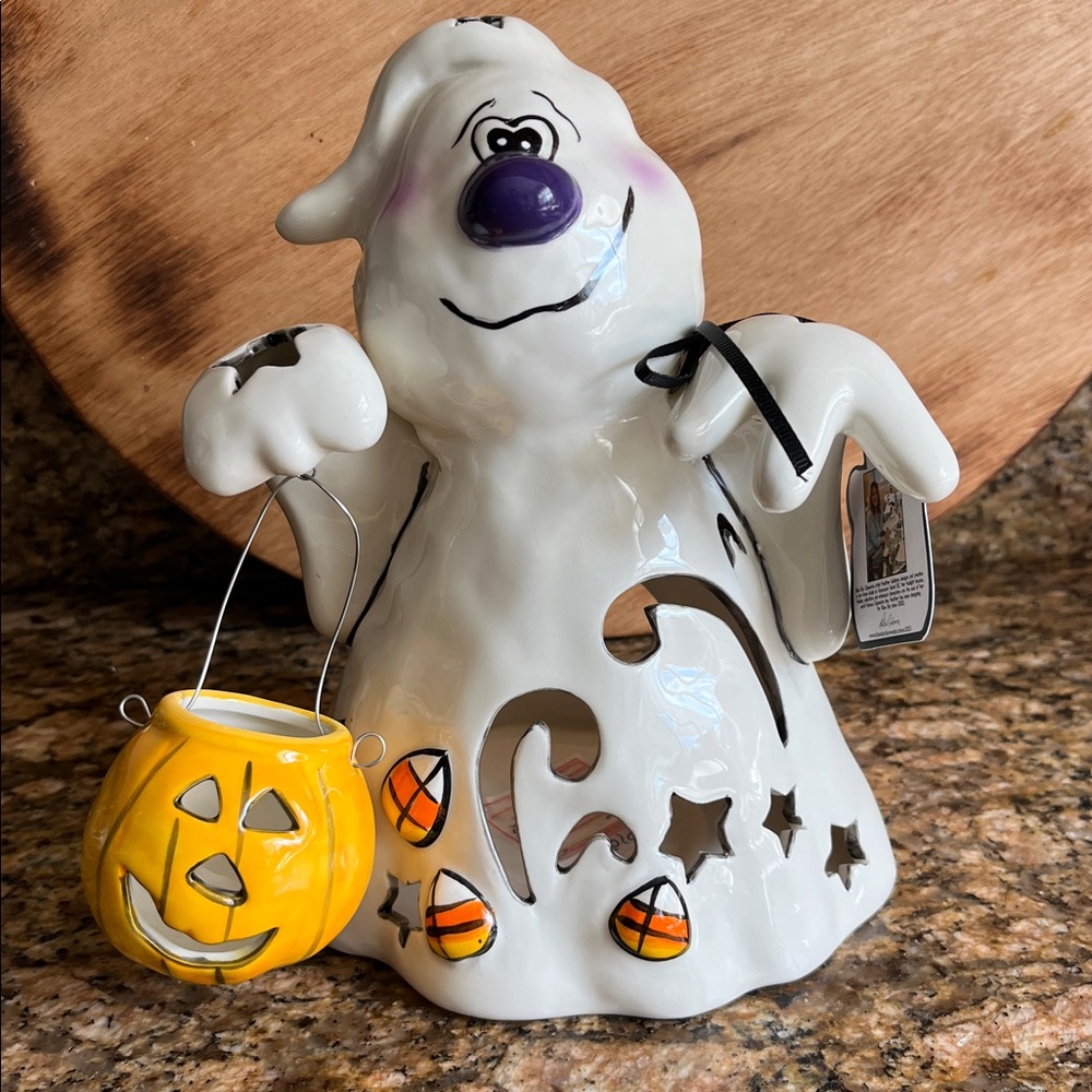 NWT Blue Sky Clayworks Halloween “Hocus Pocus” Ghost w/Pumpkin Tea Light Holder